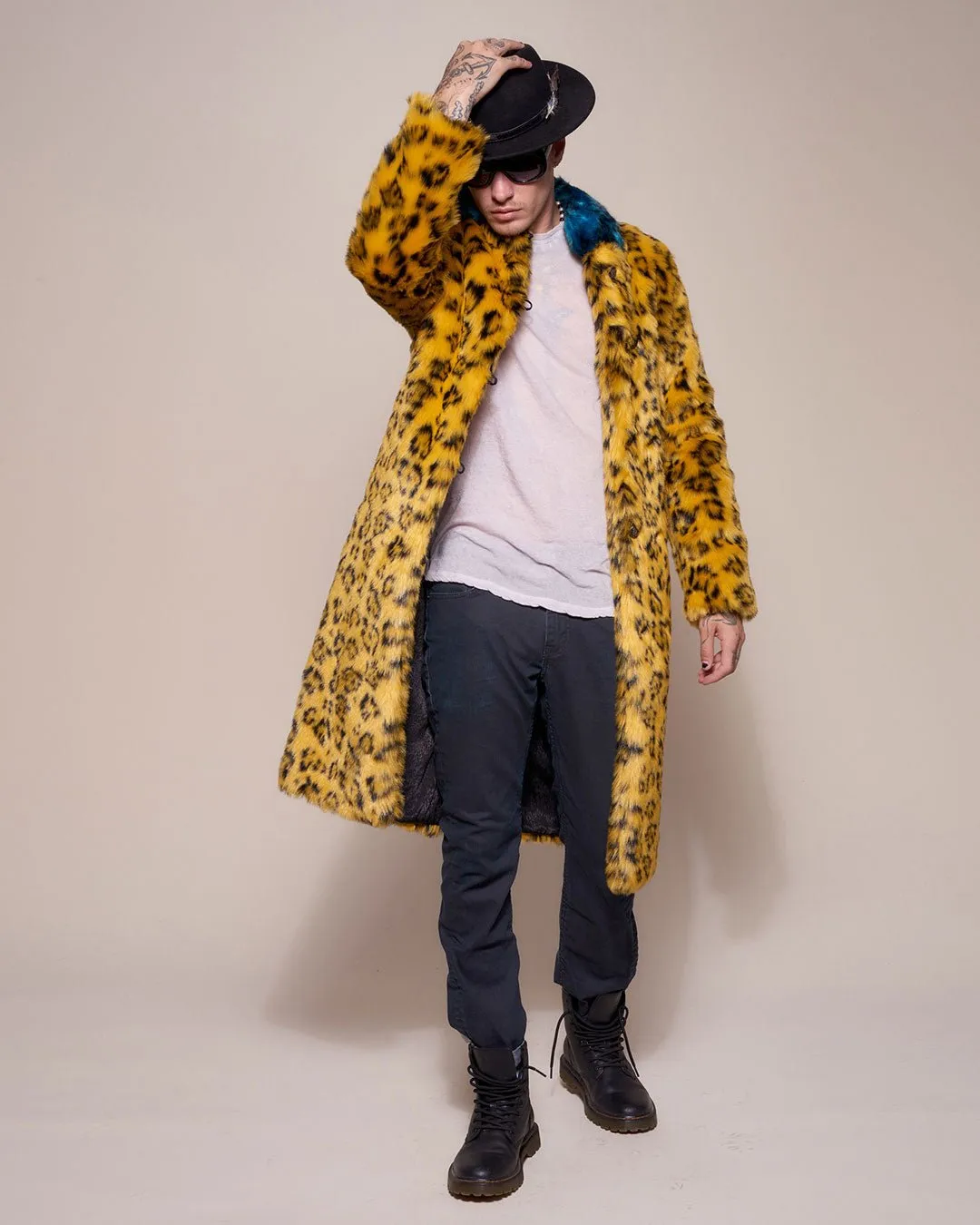 Yellow Cheetah Calf Length Faux Fur Coat | Men's